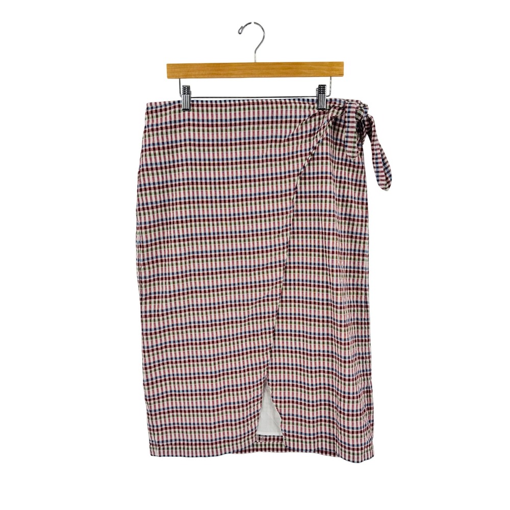 Madewell Midi Skirt Multi-Color Gingham 14 Faux Wrap Side Tie Cotton Plaid